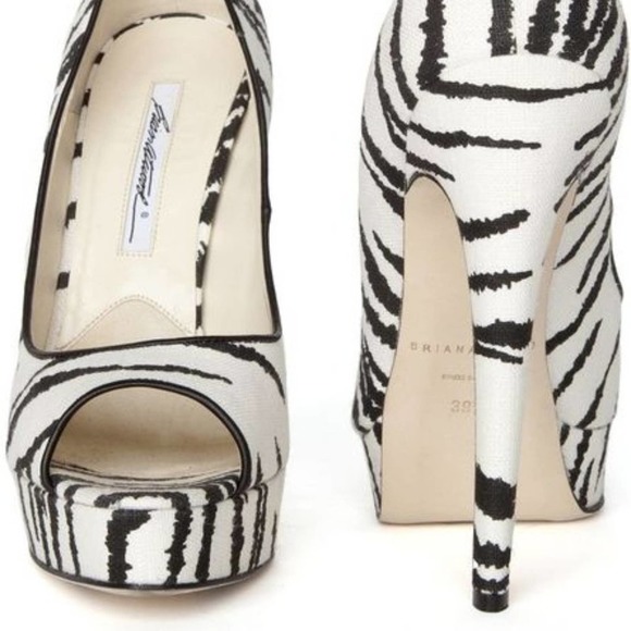 Brian Atwood Linen Zebra Print Open Toe Pump - Picture 6 of 10